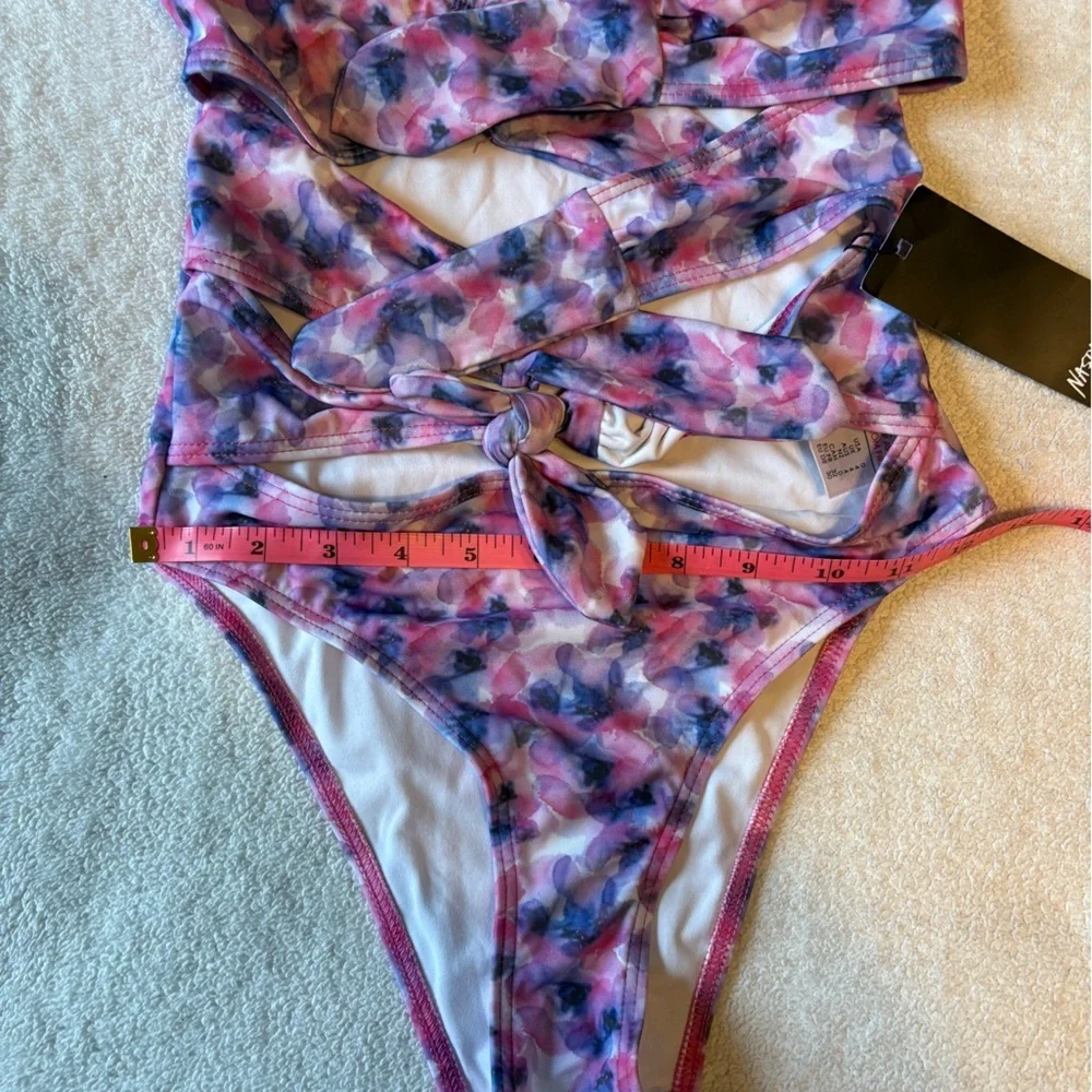 Nasty Gal NWT Floral Swimsuit, Tie Front. Purple Pink. Sz 0